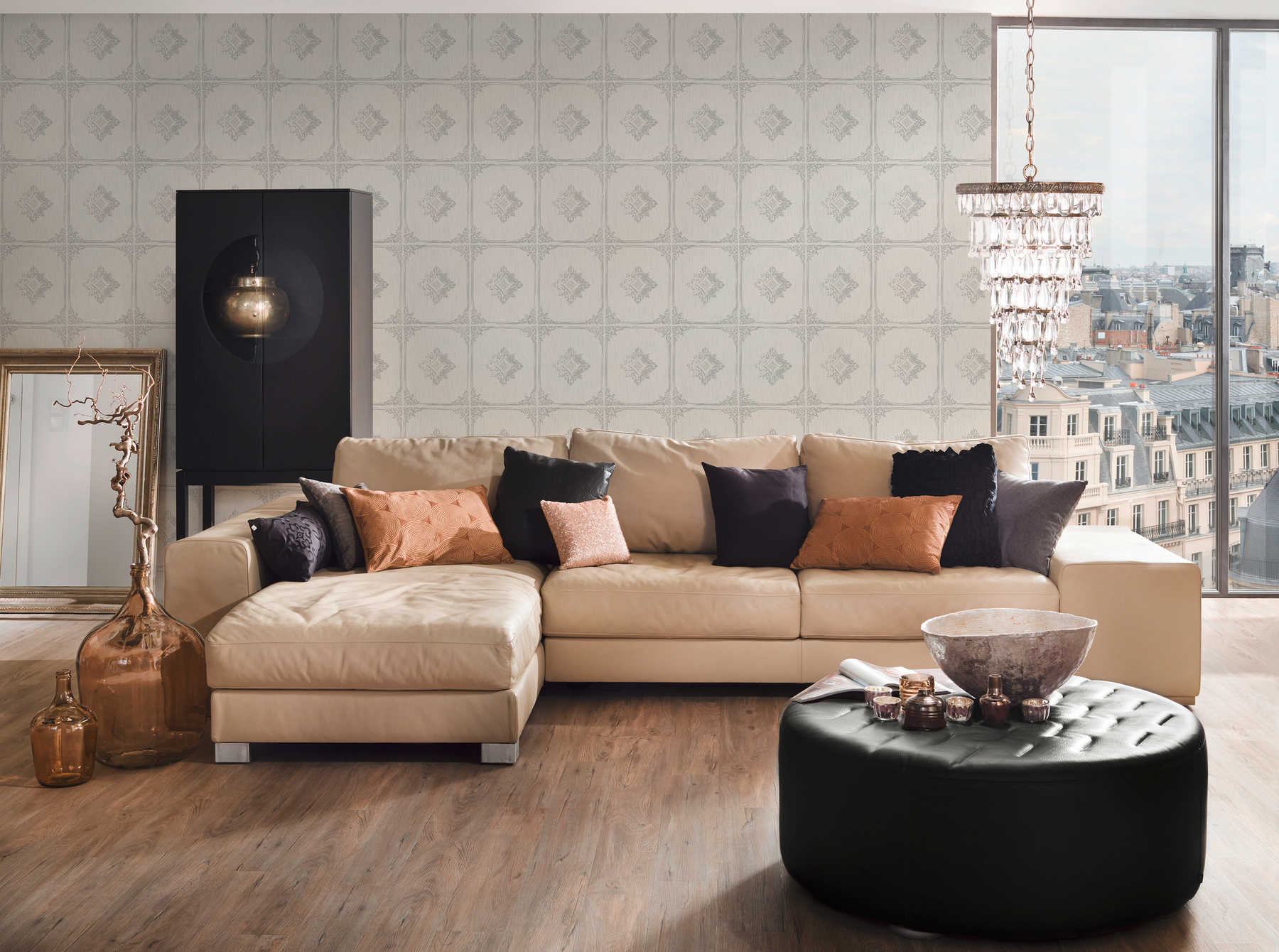             Tapete Vintage Stuck Design mit Ornament Kassetten – Grau, Weiß
        