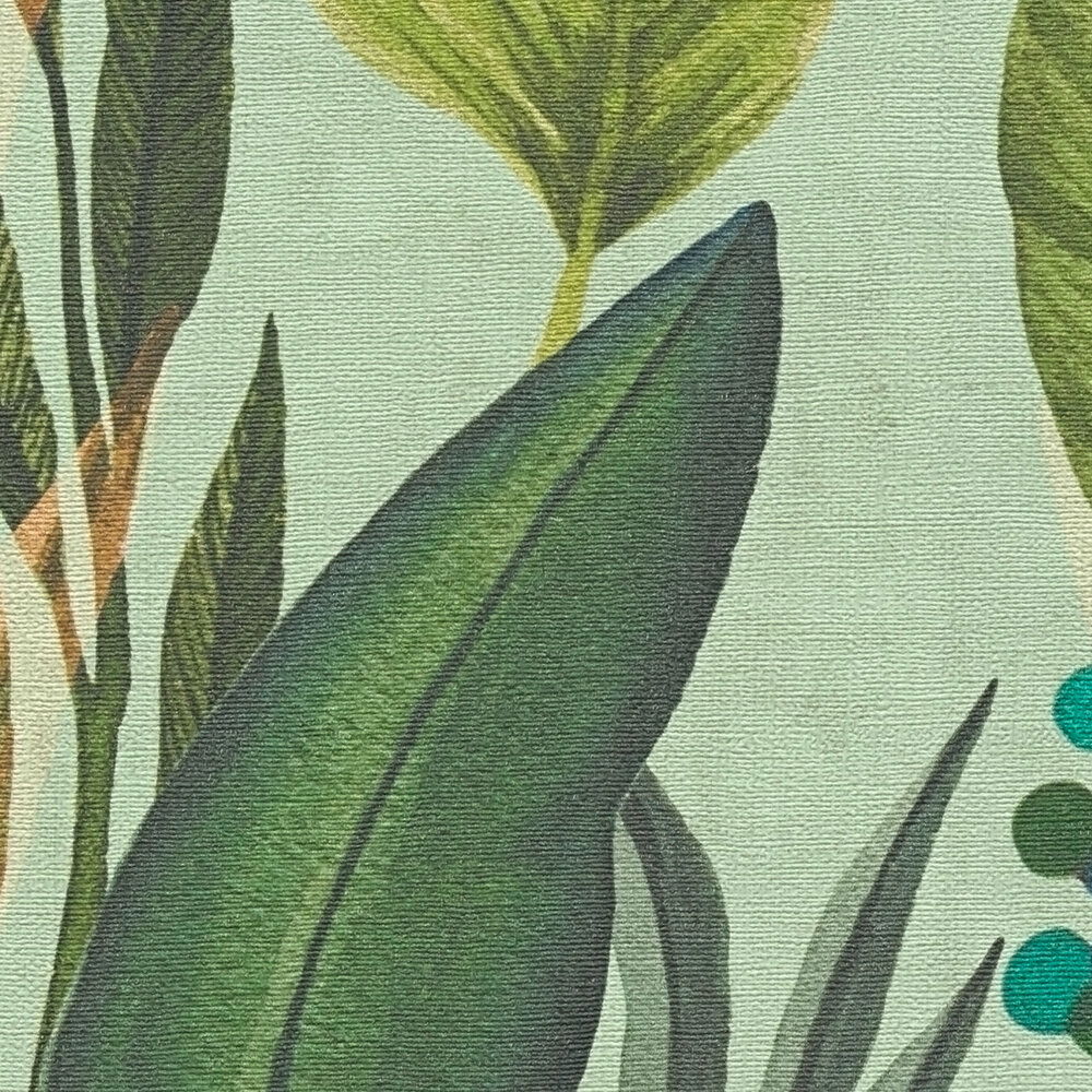             Wilde Vliestapete mit tropischem Blättermuster, einfach strukturiert – Grün, Blau
        