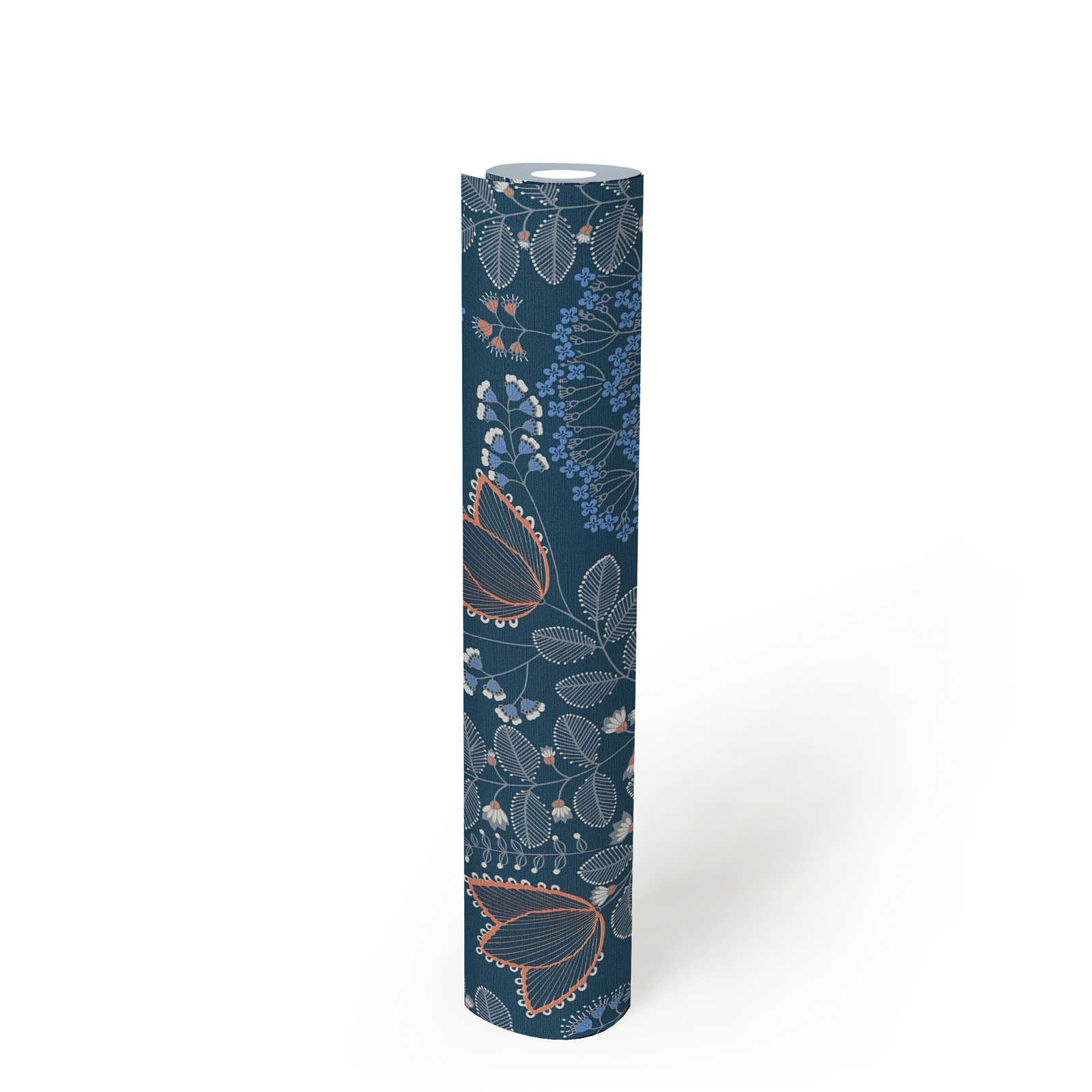 Vliestapete floral mit Blättern im Retro-Look leicht strukturiert, matt – Blau, Weiß, Grau