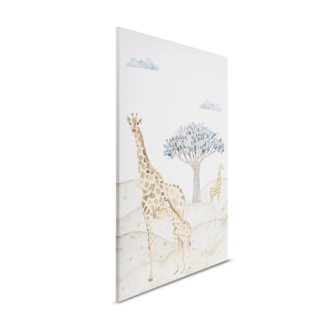         Leinwandbild Giraffen in der Savanne - Stilvolles Afrika-Motiv für Kinderzimmer oder Wohnräume – 30 x 40 cm - Beige, Blau
    