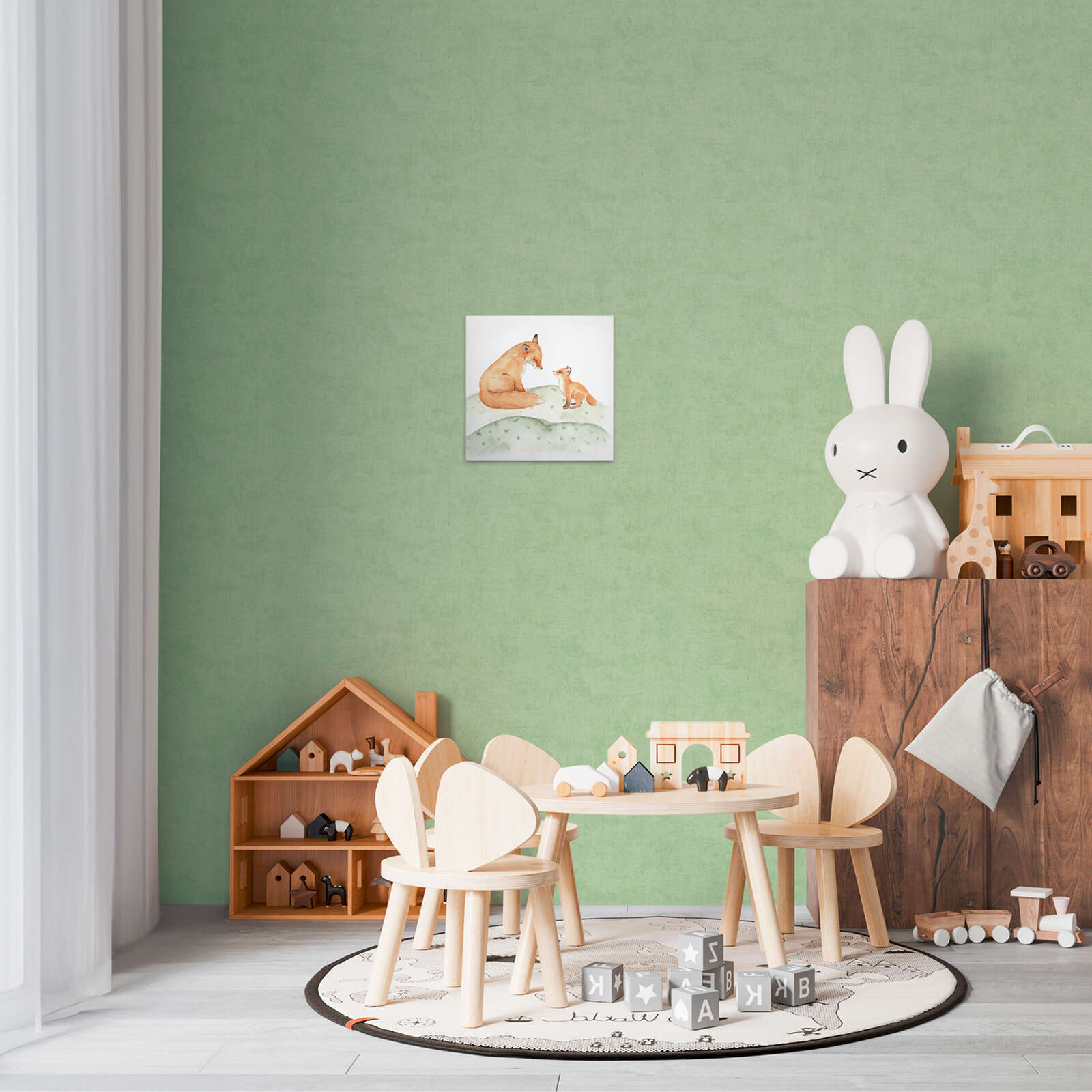             Leinwandbild Fuchs und Jungtier - Liebevolles Naturmotiv für Kinderzimmerdekoration – 30 x 30 cm - Braun, Grün
        