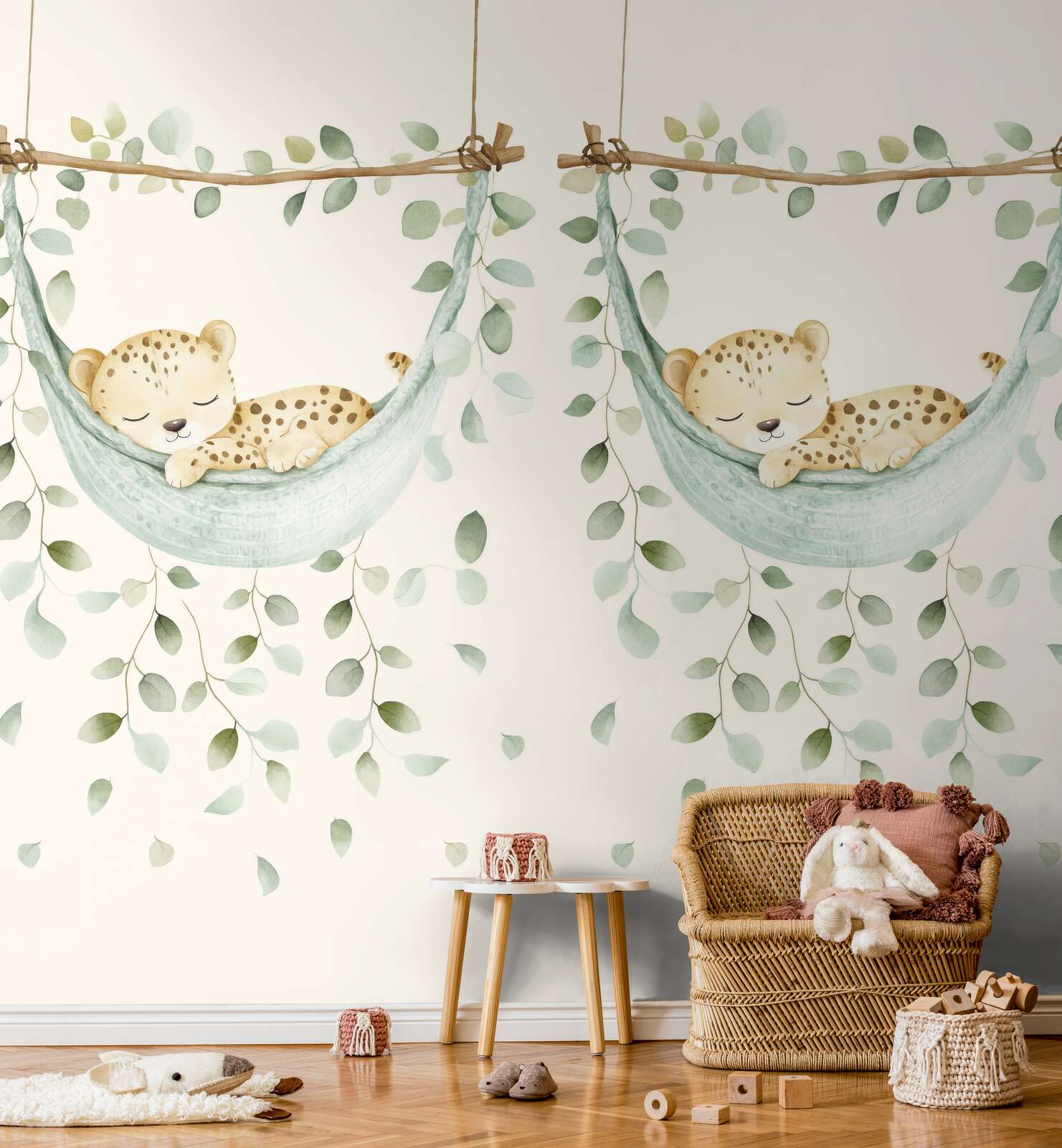 wandbild, babyzimmer, liegeendecke, felltiere, pflanzenwand decor