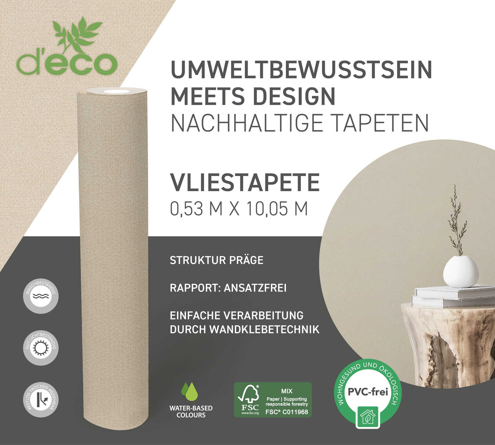             PVC-freie Vliestapete mit glänzendem Tupfmuster – Beige
        