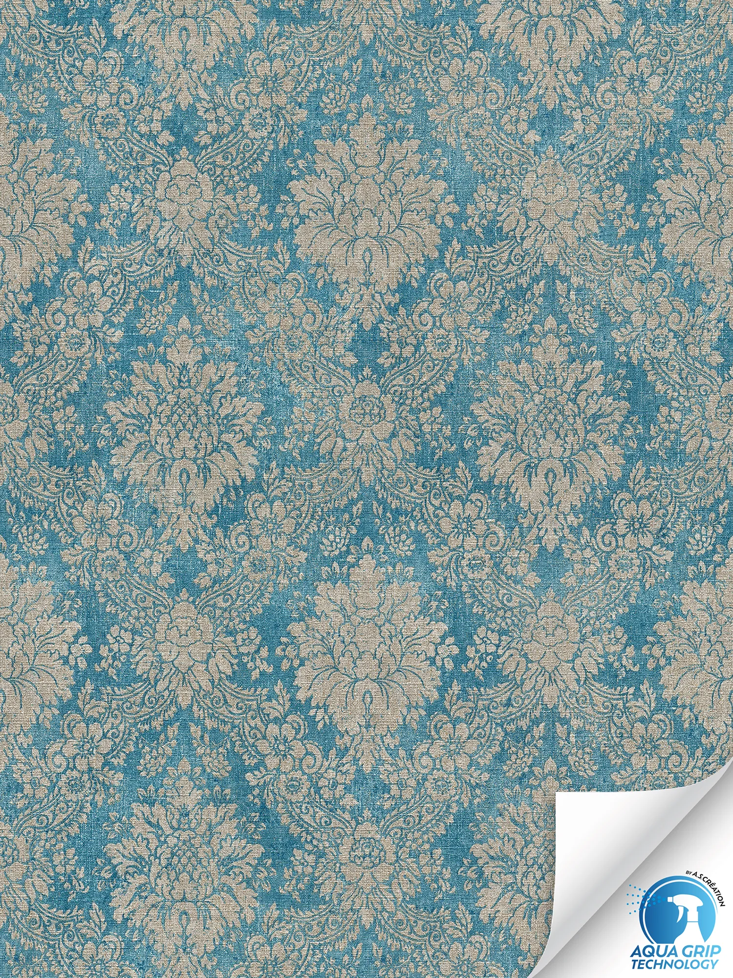 papier peint en papiers intissés ornementaux classiques de style baroque et effet métallisé - Water. Fix. Ready - Bleu, marron, argenté