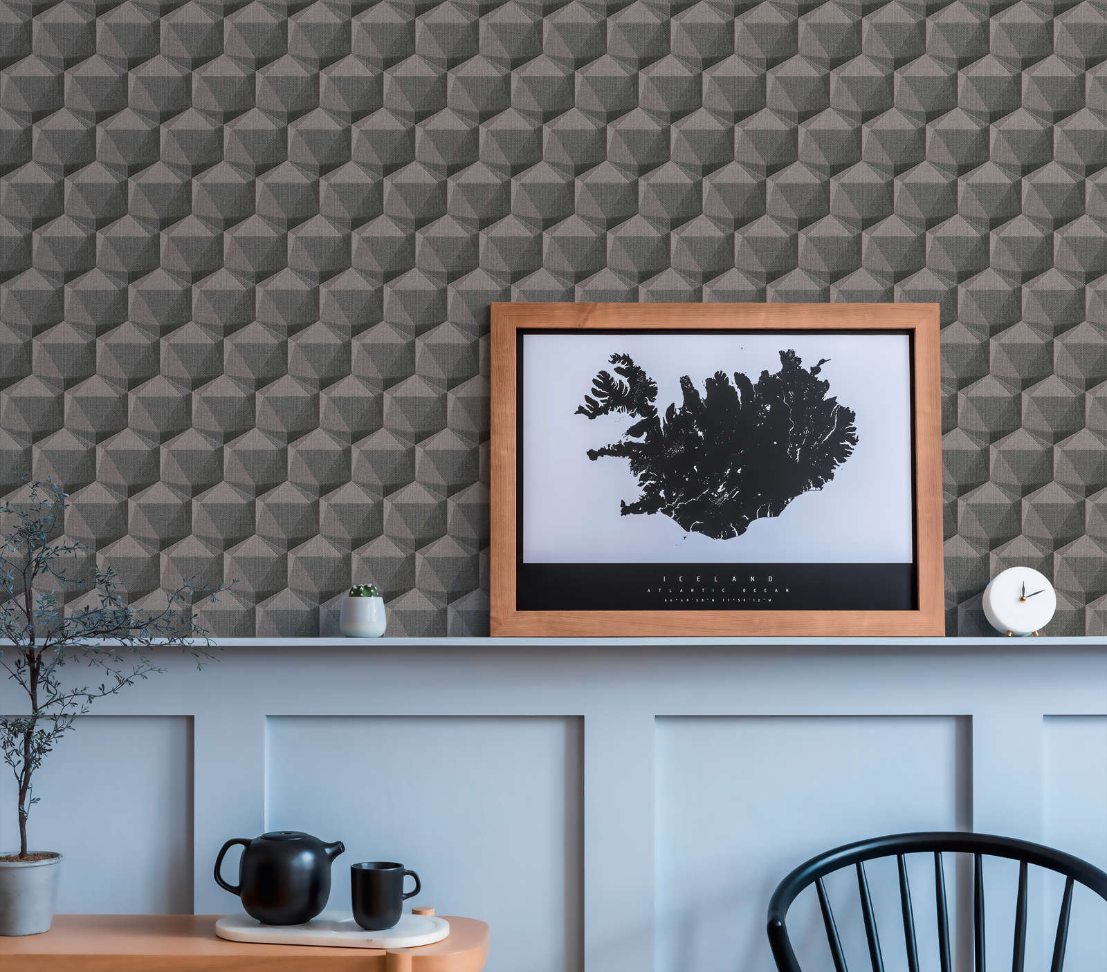 Grafiktapete 3D Optik mit Polygonmuster – Grau, Beige, Schwarz