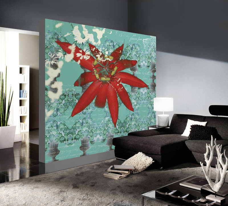 Wandtapete, Rote Blume, Botanische Kunst, Minzgrüner Hintergrund, Wohnzimmer-Deko
