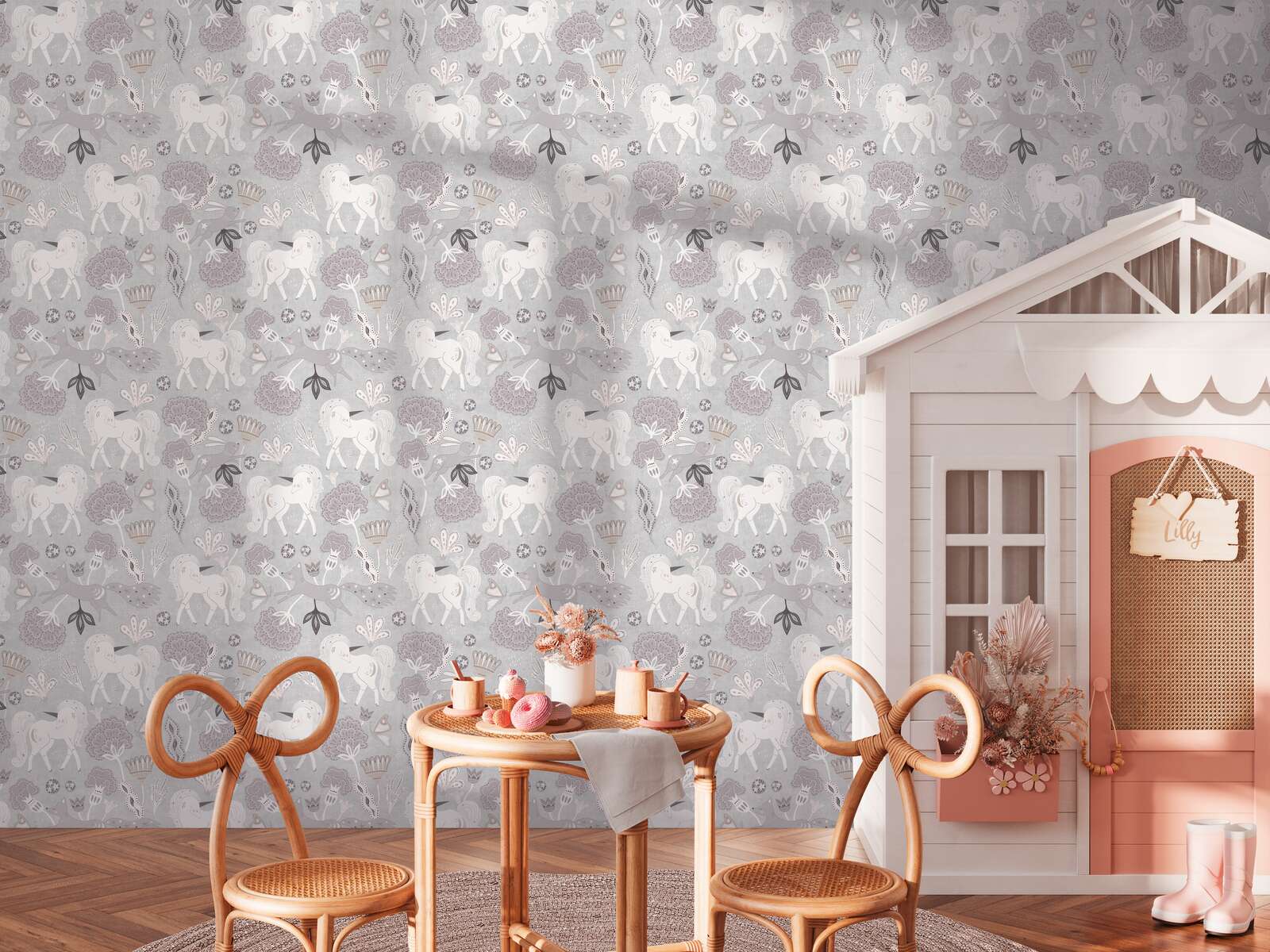             Kinderzimmer Vliestapete Fantasie-Wald - Zauberhafte Motive mit Einhörnern für kleine Träumer – Grau, Rosa, Weiß
        