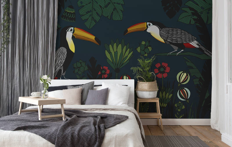 tropical wallpaper, toucan wall mural, tropical plants, plants pattern, bedroom decor