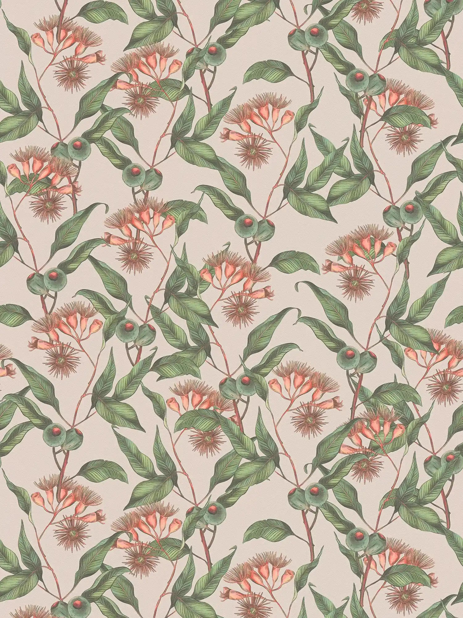         Modern behang in bloemenstijl met bladeren en bloemen, mat gestructureerd - beige, groen, rood
    
