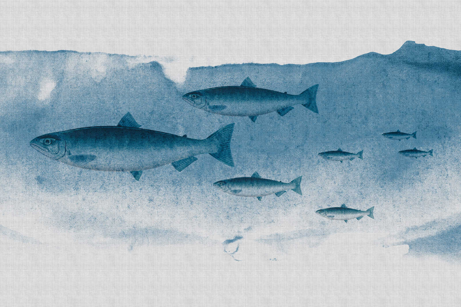 Into the blue 1 - Fisch Aquarell in Blau als Leinwandbild in naturleinen Struktur – 0,90 m x 0,60 m