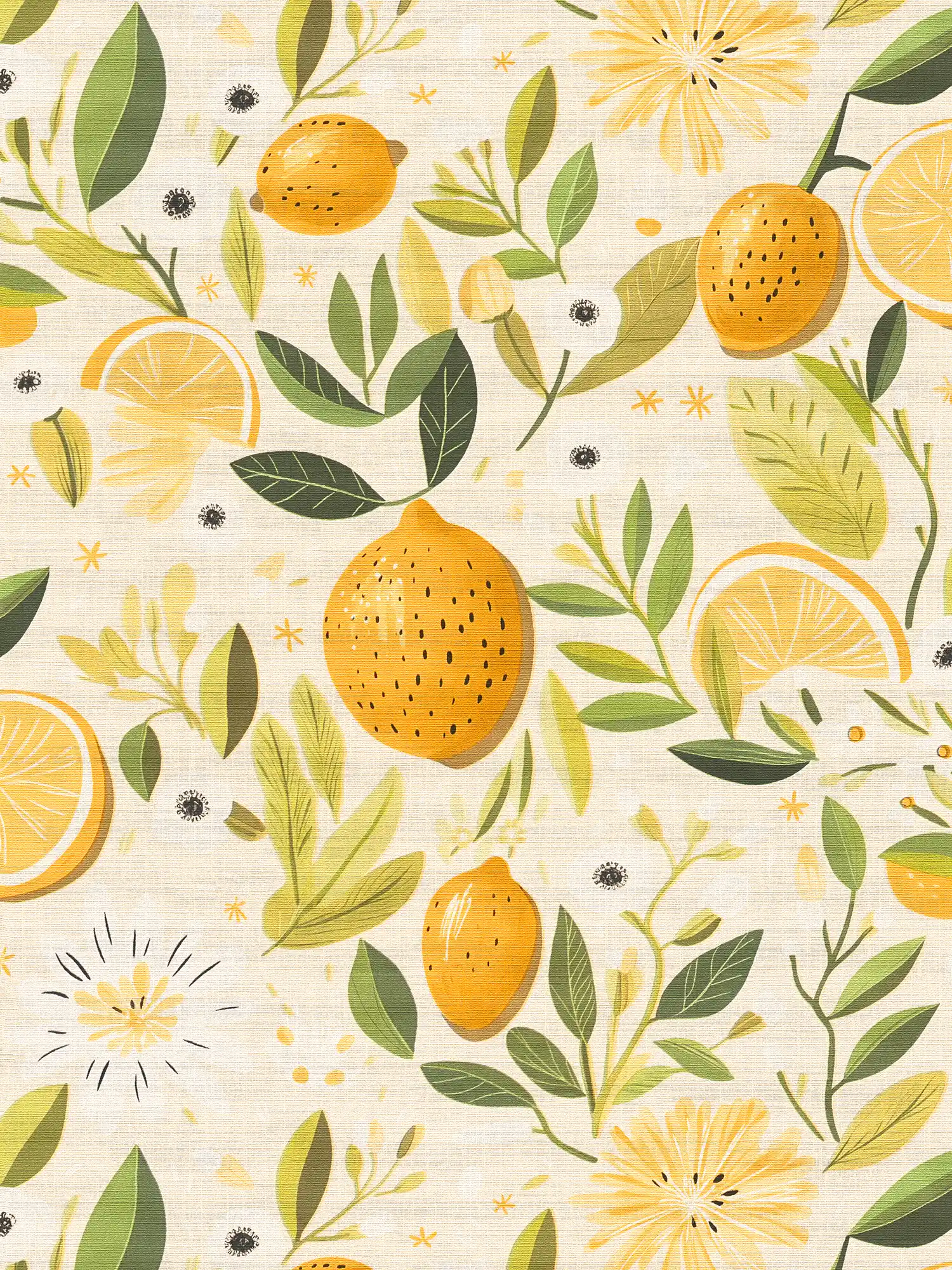         Natural non-woven wallpaper with citrus fruits, matt and subtly textured - cream, yellow, green
    