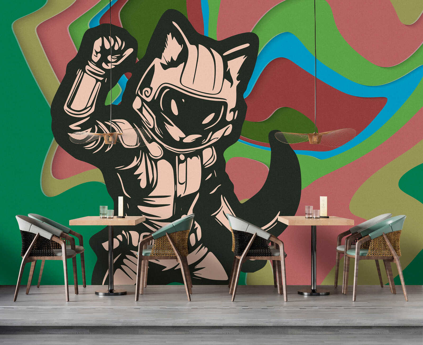 kunstwand, astronaut, graffiti, bunte wand, cafe-sessel