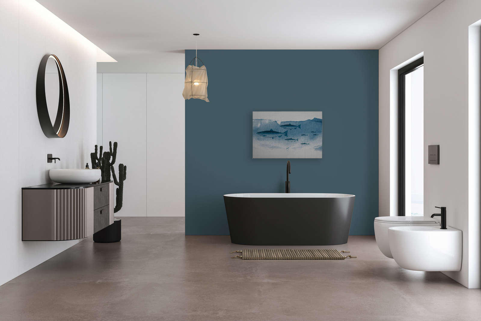 Into the blue 1 - Fisch Aquarell in Blau als Leinwandbild in naturleinen Struktur – 0,90 m x 0,60 m