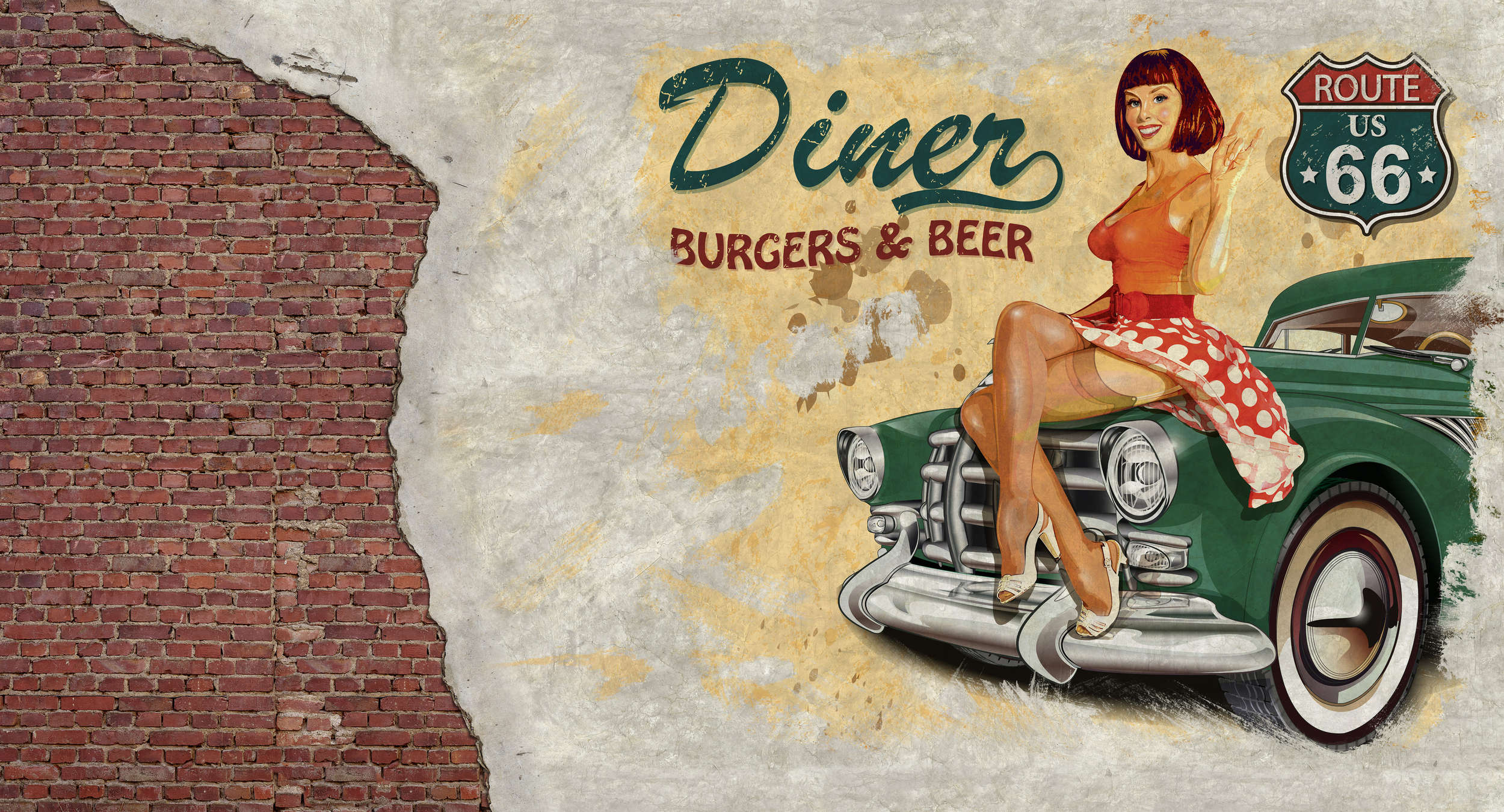             Vintage Retro Style Fototapete – Vliestapete mit Diner Werbung und Oldtimer Flair – Beige, Grau, Rot
        