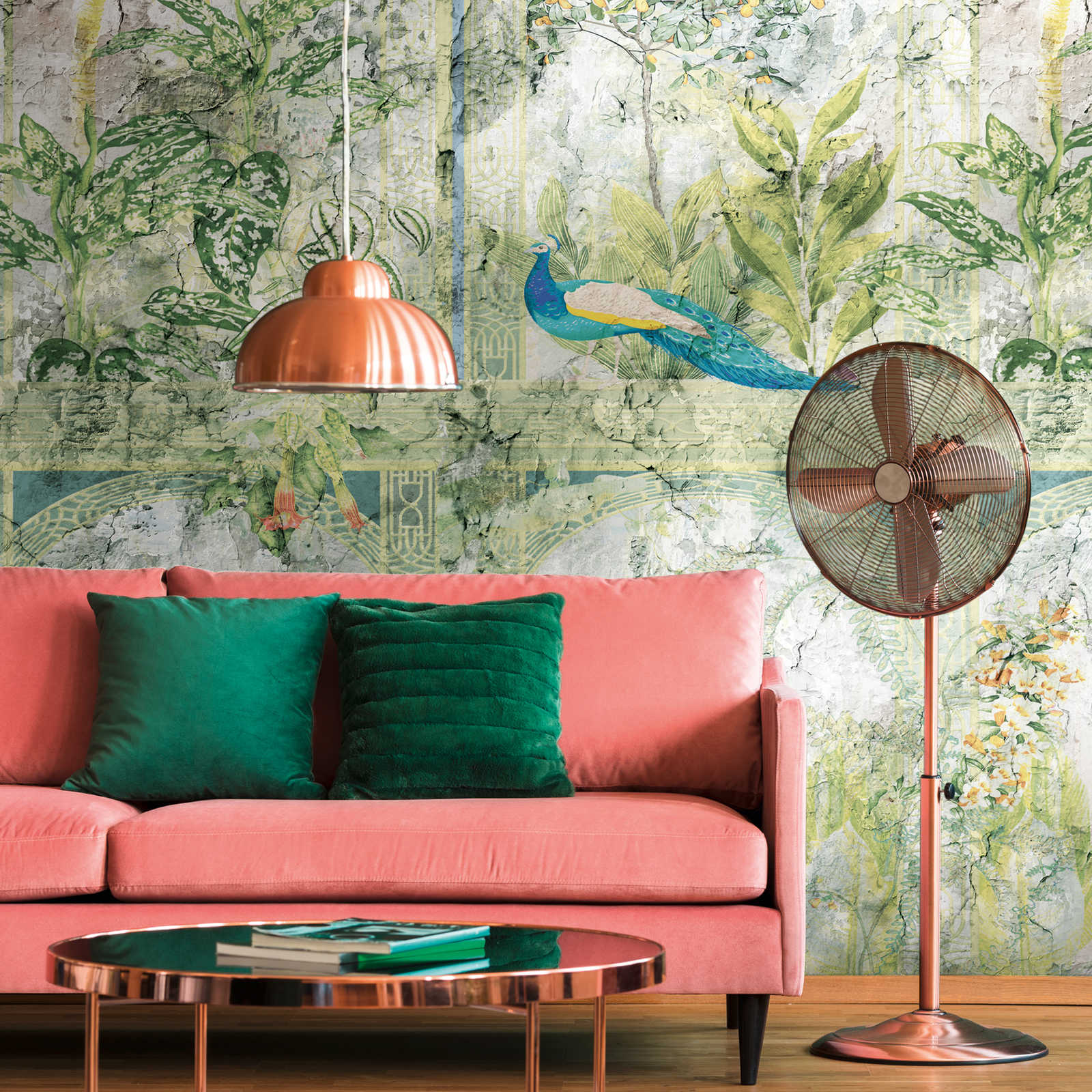         Onderlaag behang met jungle look en vogels in vintage stijl - groen, blauw, grijs
    