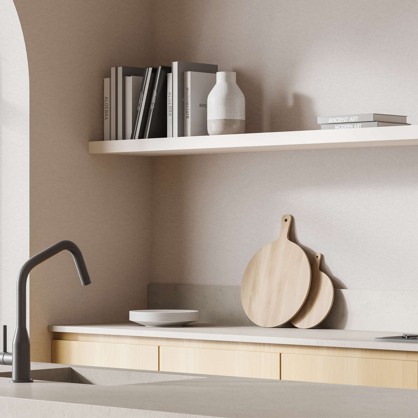 kitchen, Regal, Schneidebretter, Vase, Teller