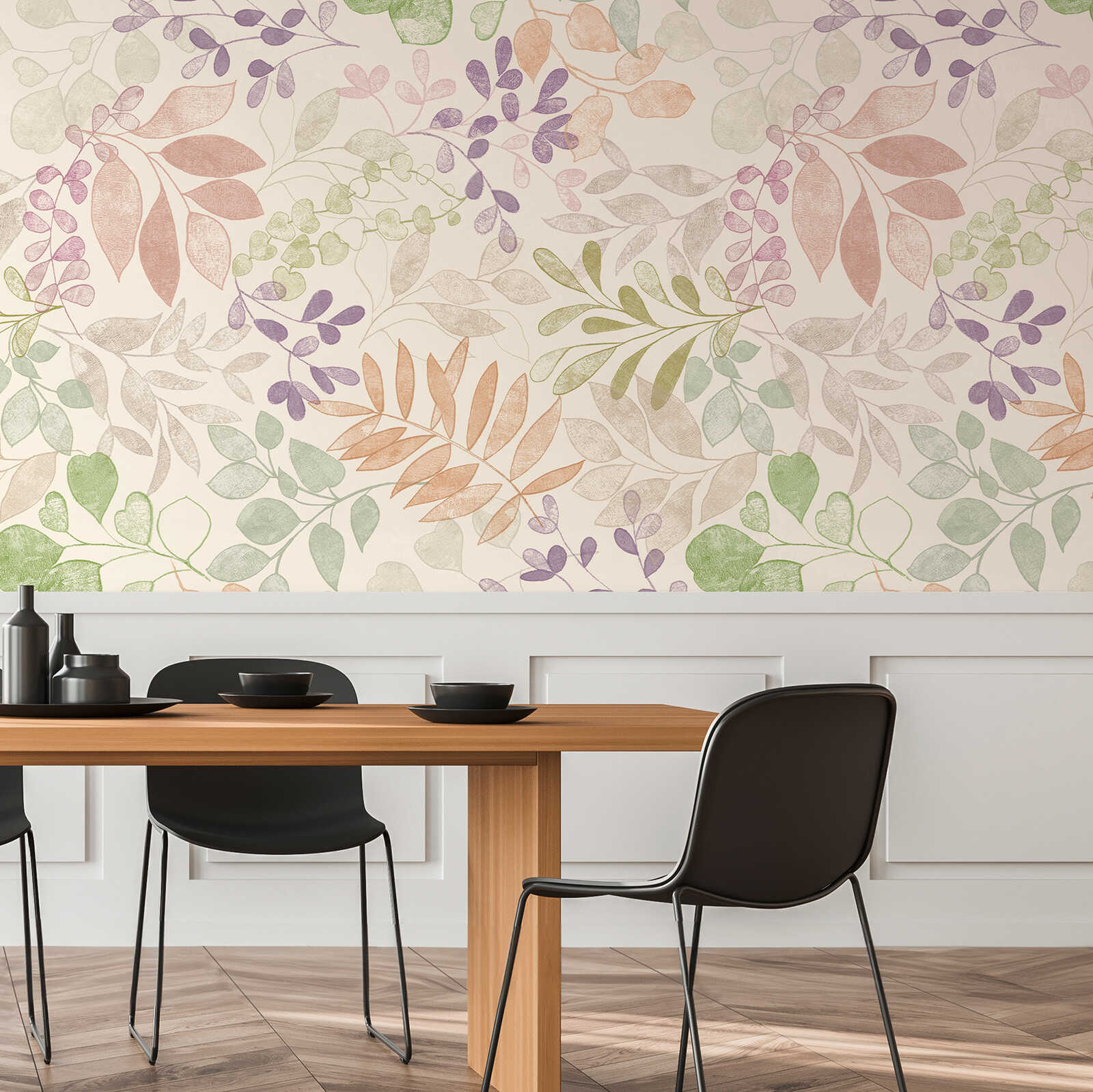         Motivtapete im XXL-Design mit Blumenmuster im Aquarelllook – Creme, Grün, Violett
    