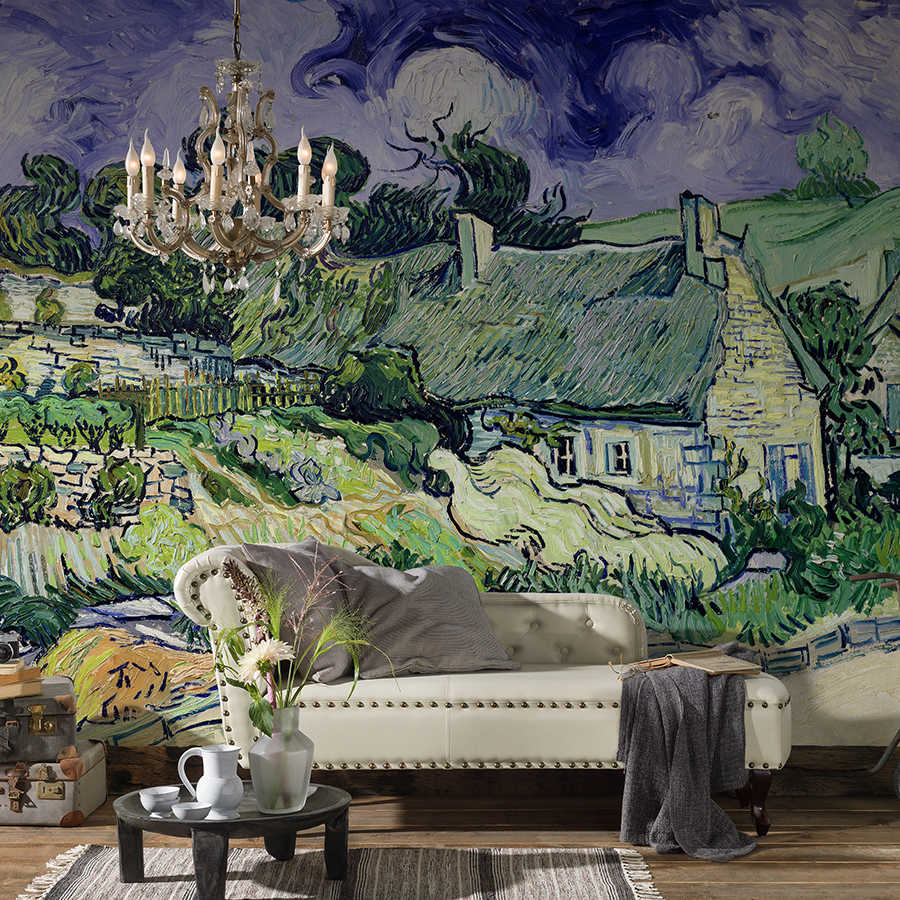 sofа, Ledersofa oder gepolstertes Sofa, Couch, Wandbild, Kronleuchter, Vase mit Blumen, Kaffeetisch, Teppich, Dekorative Kunst, kuschelige Decke