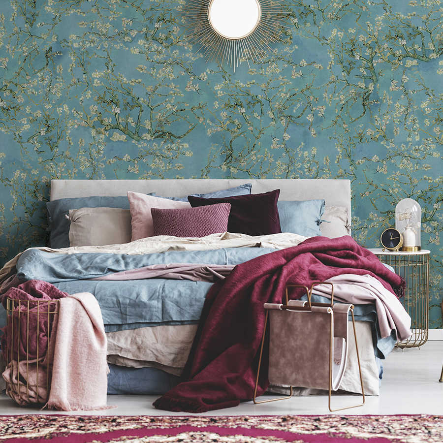 bett, schlafzimmer, tapete, blau, deko