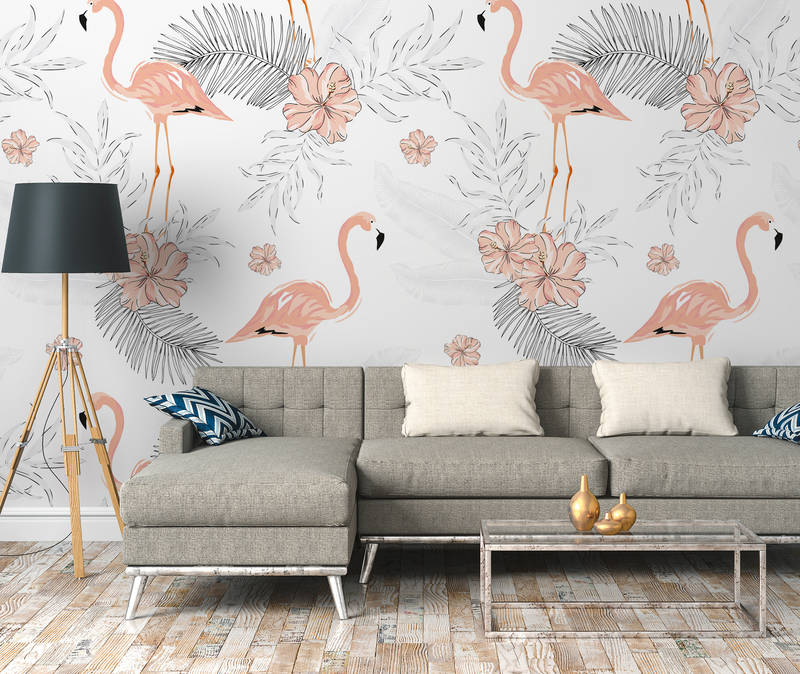             Papier peint Flamants & plantes tropicales - blanc, rose, gris
        