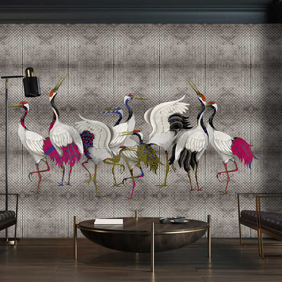         Land of Happiness 3 - Metallic wall mural silver with colourful crane motif
    
