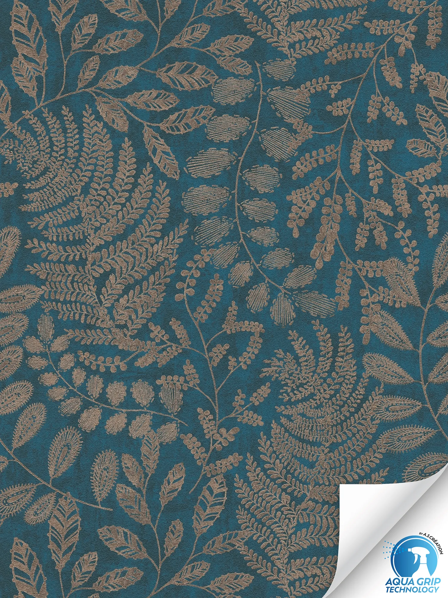 Noble papier peints intissés jungle avec motifs texturés, grandes feuilles de fougères dorées et légers reflets - Water Fix. Ready - bleu, or, turquoise