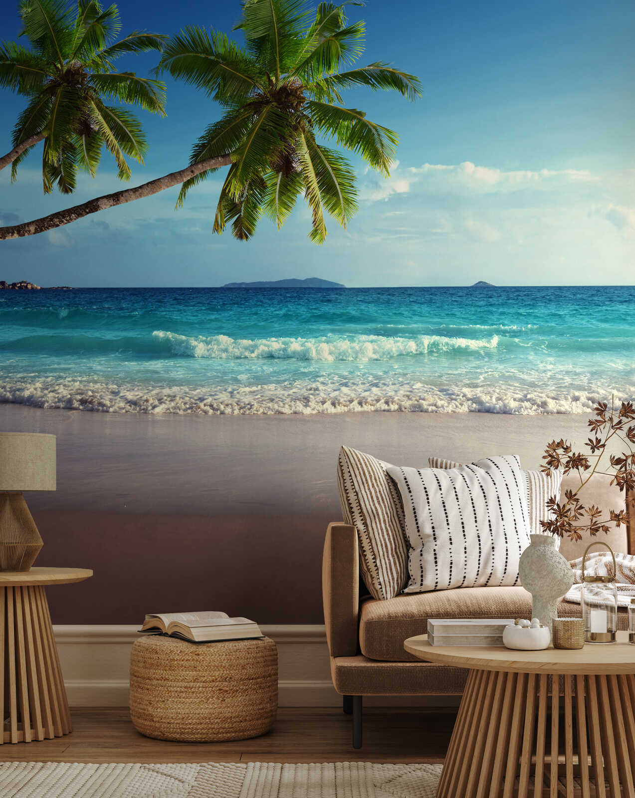 tropicaler Strand, Palmen, Meeresblick, Sofa, Wohnkultur
