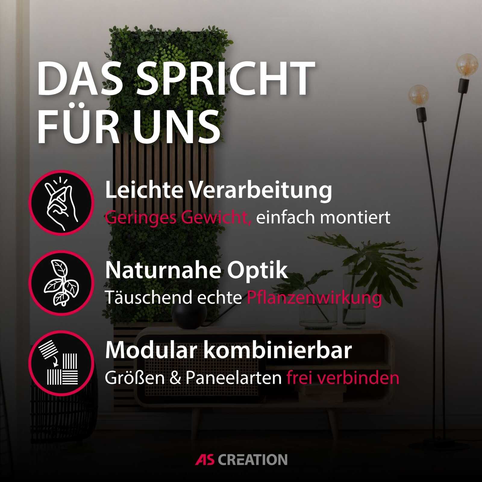 Wohnzimmerdeko, Pflanzenwand, modulares System, Pflanzenoptik, Leichte Montage