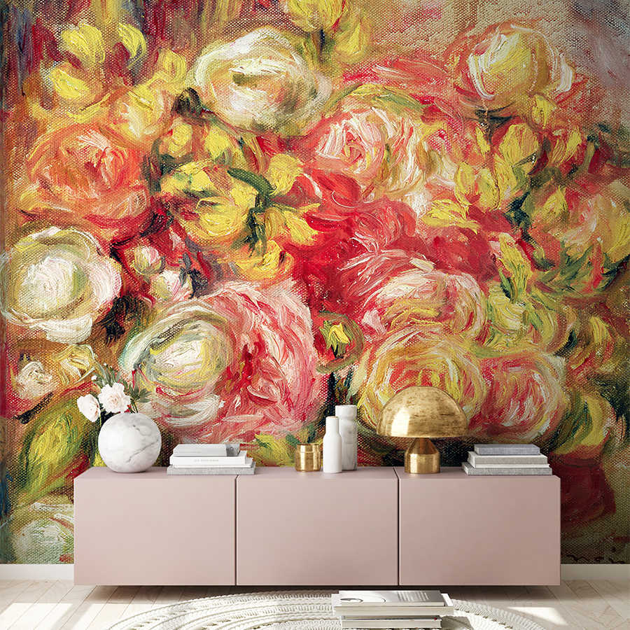 abstrakt floral, Blumenwand, kräftige Farben, rosa Sideboard, Wohnkultur
