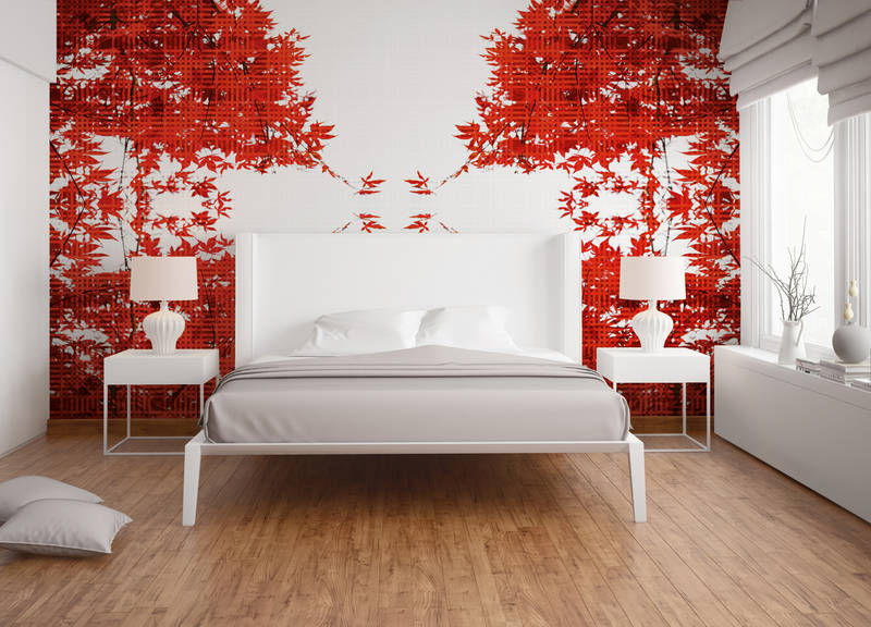             Natur Design Fototapete – Vliestapete mit roten Blättern in moderner Optik – Rot, Weiß
        