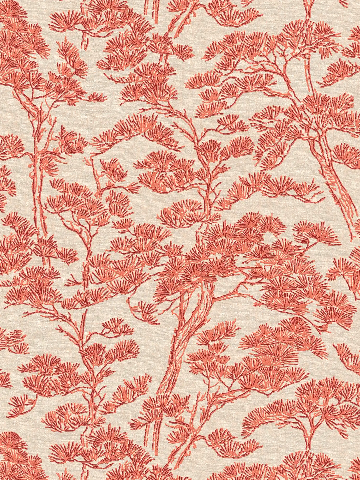 Vliestapete mit stilisiertem Pinien-Baummotiv leicht strukturiert – Beige, Rot, Orange