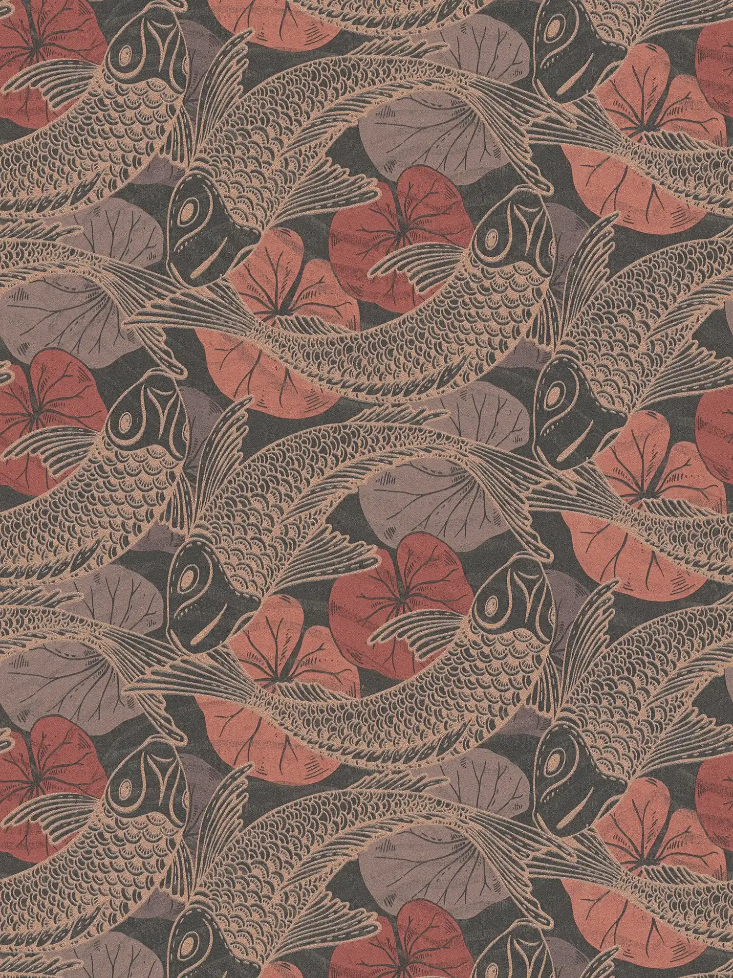         Papier peint à motifs Koi motif avec accents métalliques - marron, rouge, noir
    
