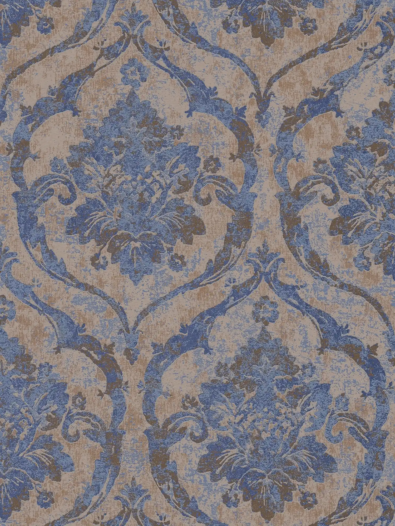         Vliestapete mit klassischem Ornamentmuster strukturiert – Blau, Braun, Metallic
    
