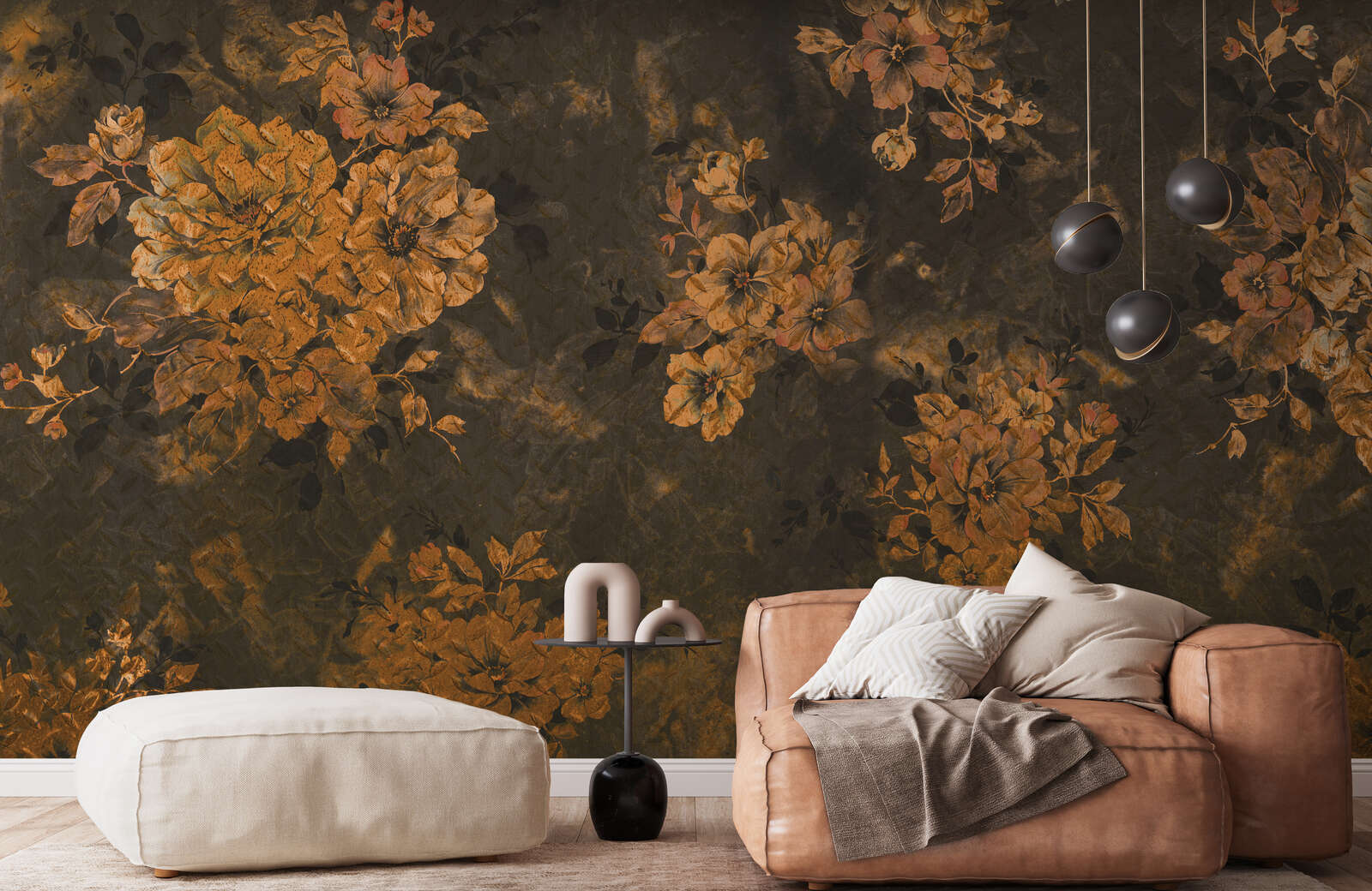 wandtapete, blumenmuster, golden, dunkel, wohnzimmer