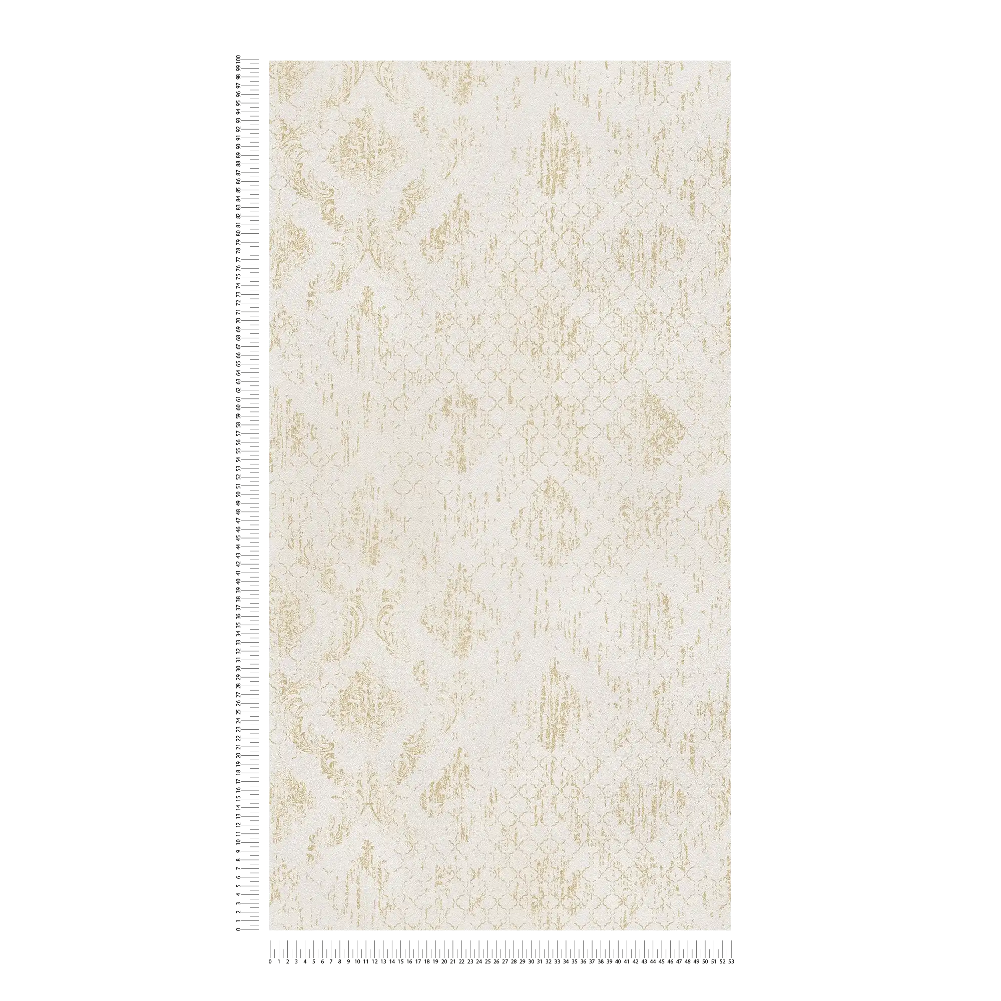 Dezente Vliestapete mit klassischem Ornamentmuster und schimmernden Akzenten, fein strukturiert – Creme, Gold, Metallic