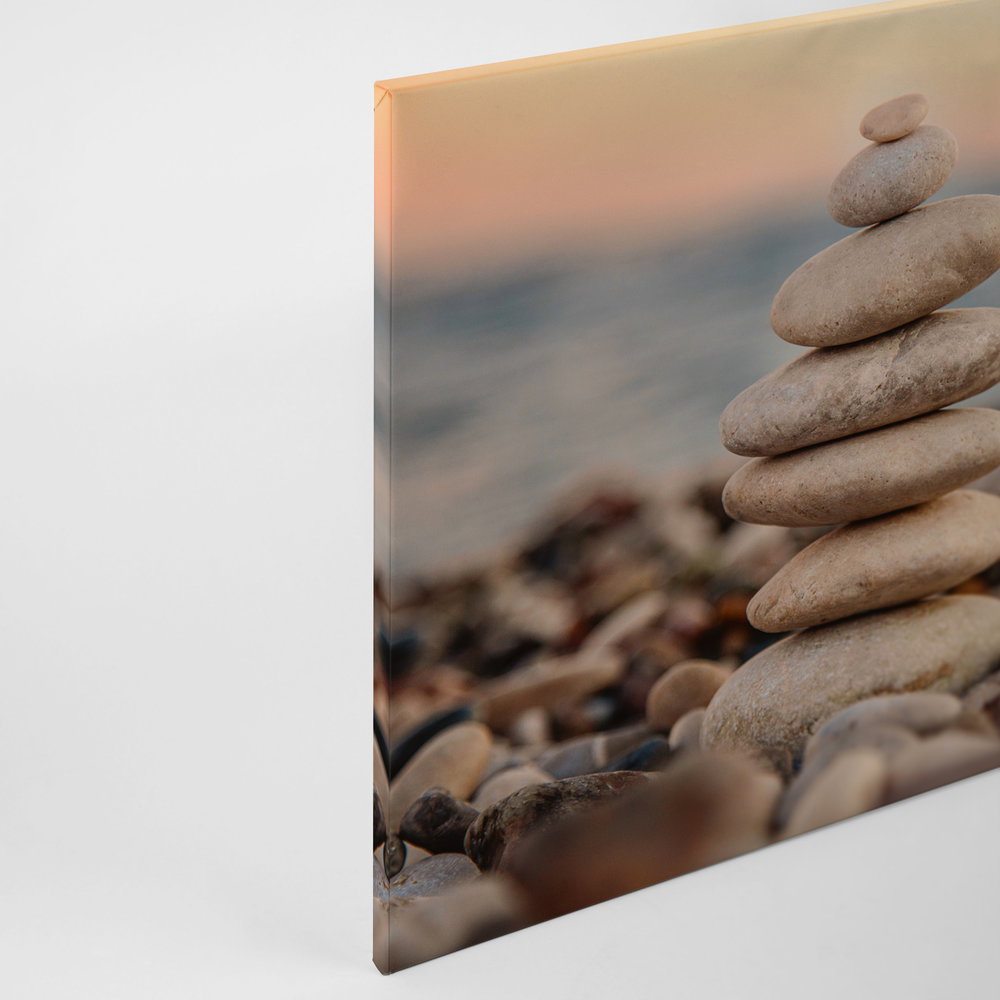             Leinwand mit Steinturm am Meer | grau, blau, orange – 0,90 m x 0,60 m
        