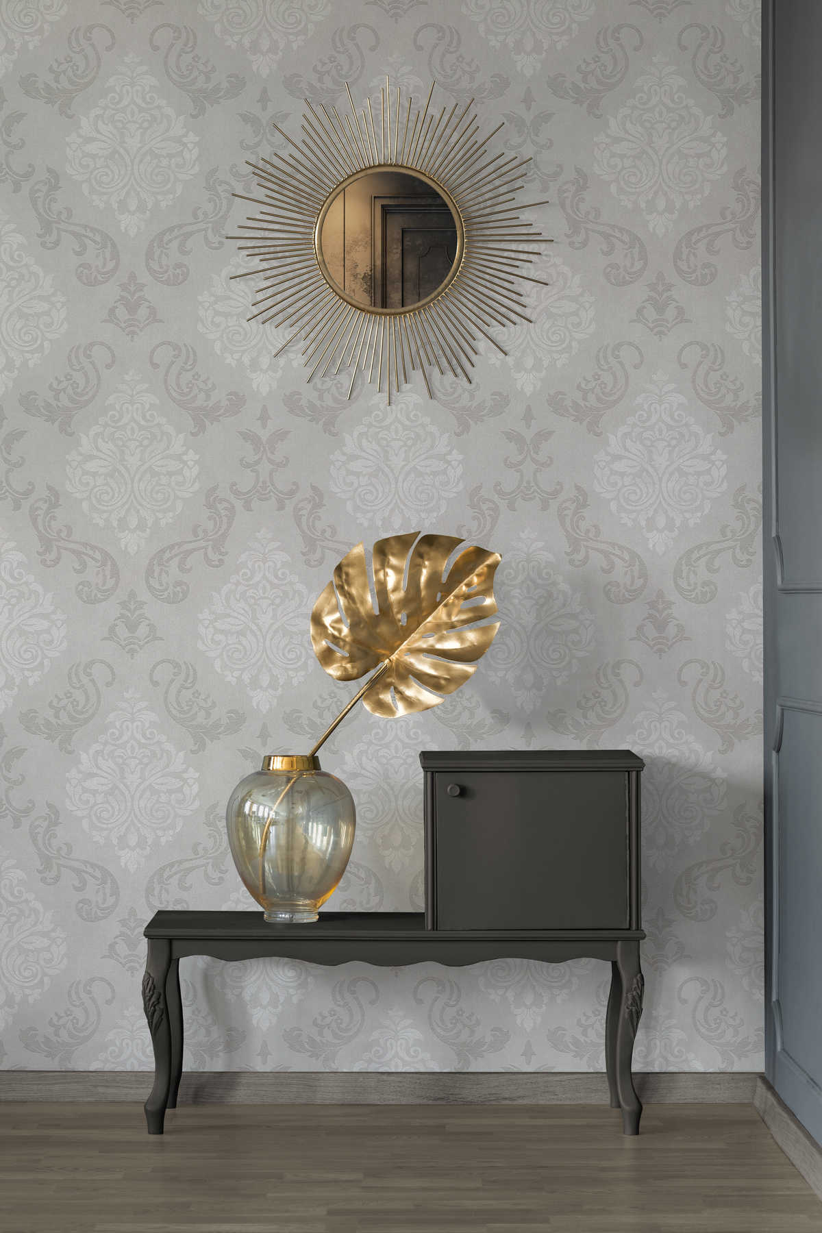 Ornamente Tapete Barock Stil mit Glitzereffekt – Beige, Creme, Metallic