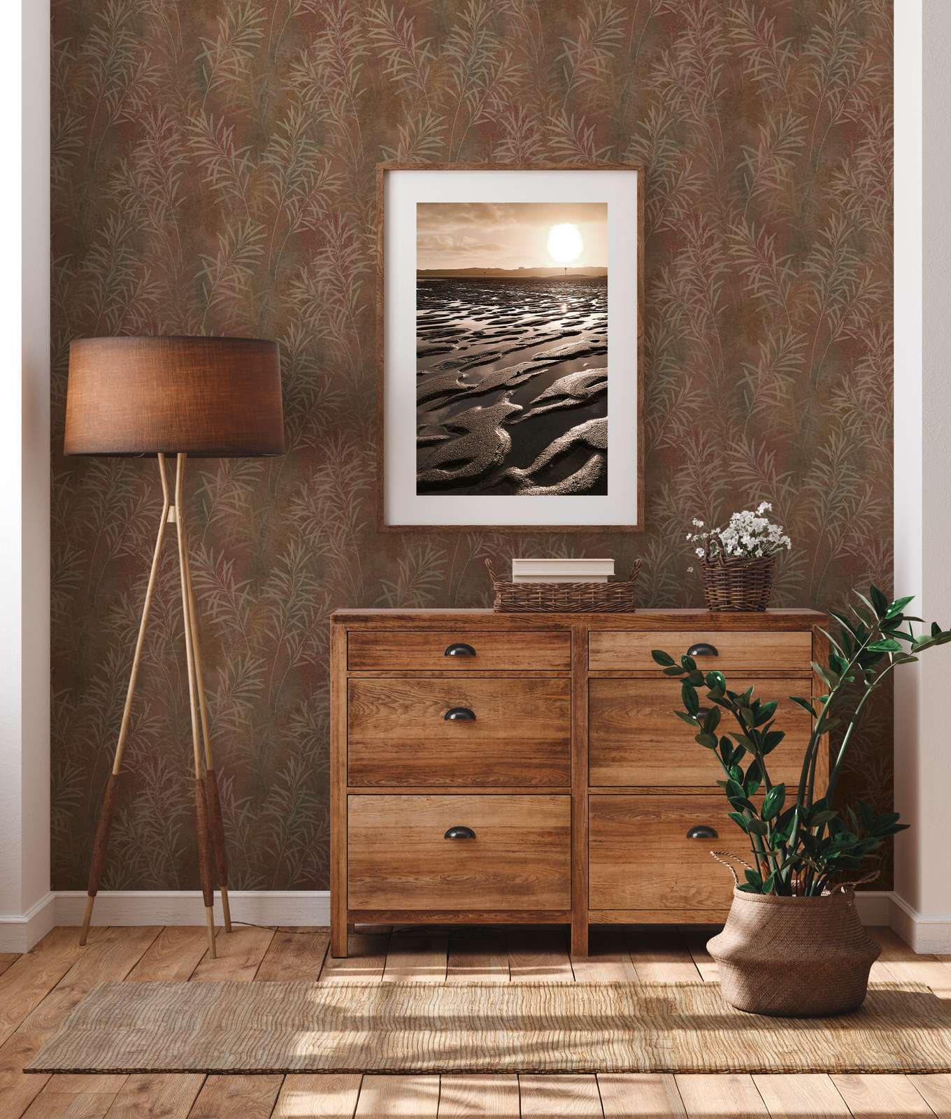             Florale Vliestapete mit Gräser-Muster und feiner Struktur – Braun, Beige, Metallic
        