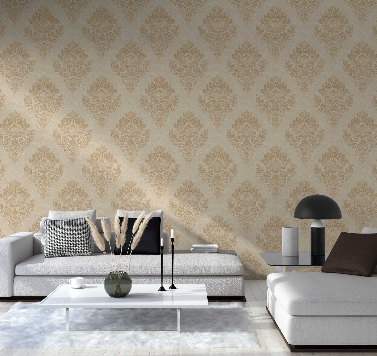             Tapete mit floralen Ornamenten & Metallic-Effekt – Beige, Braun
        