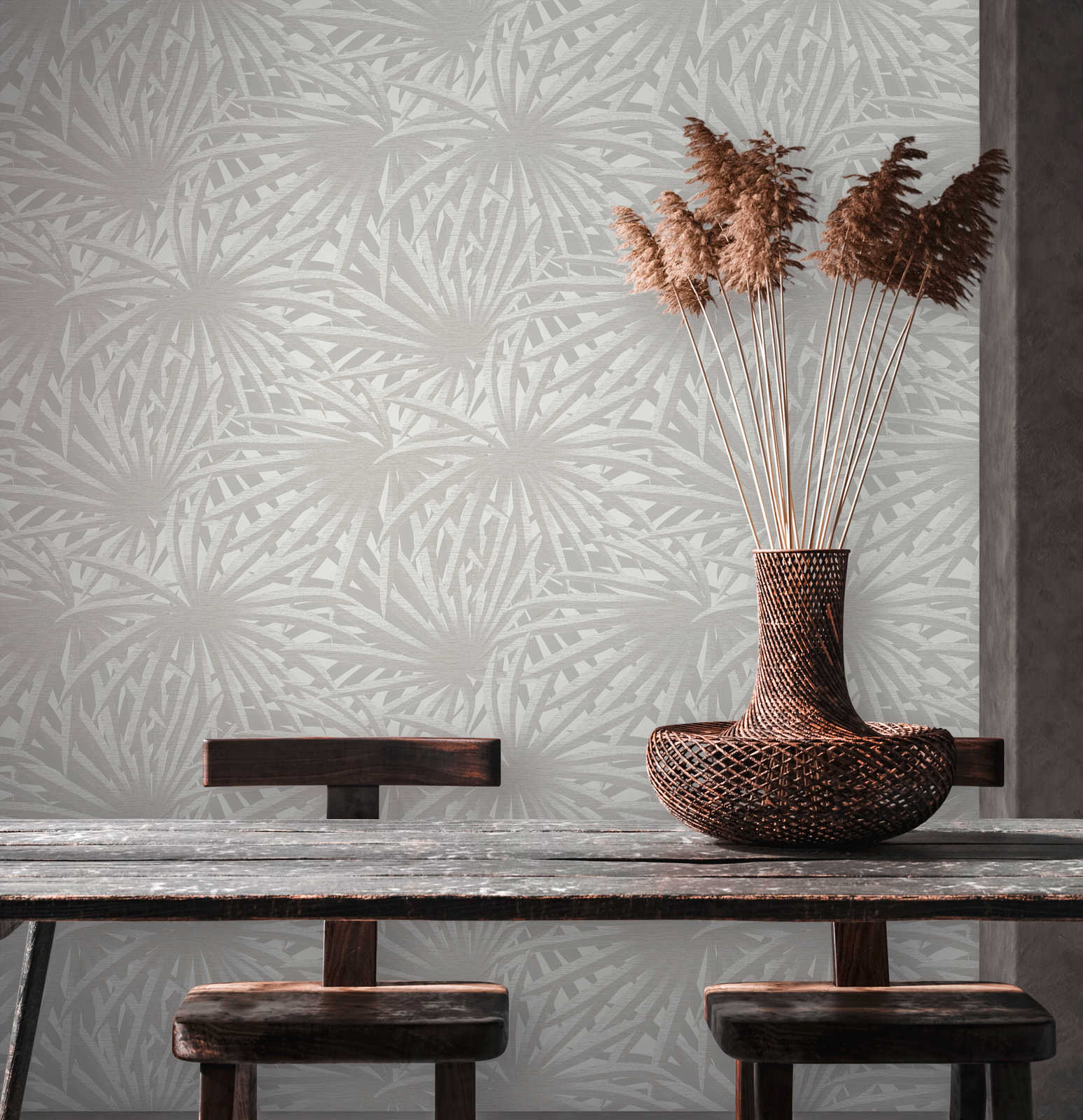            Vliestapete Blätterdesign mit Metallic-Glanz – Grau, Metallic, Weiß
        