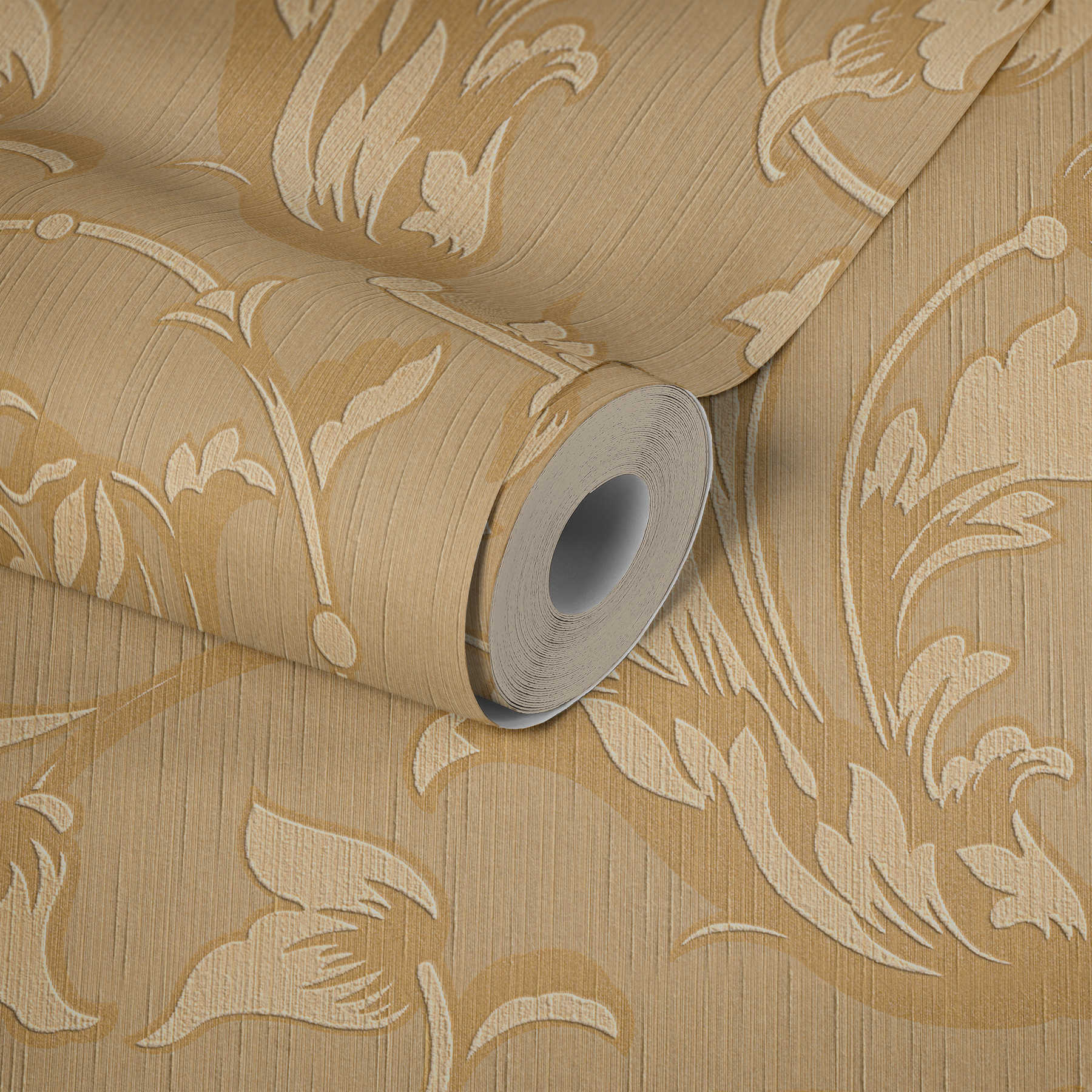             Barock Tapete mit Ornamenten Seiden Textiloptik – orange, Beige
        
