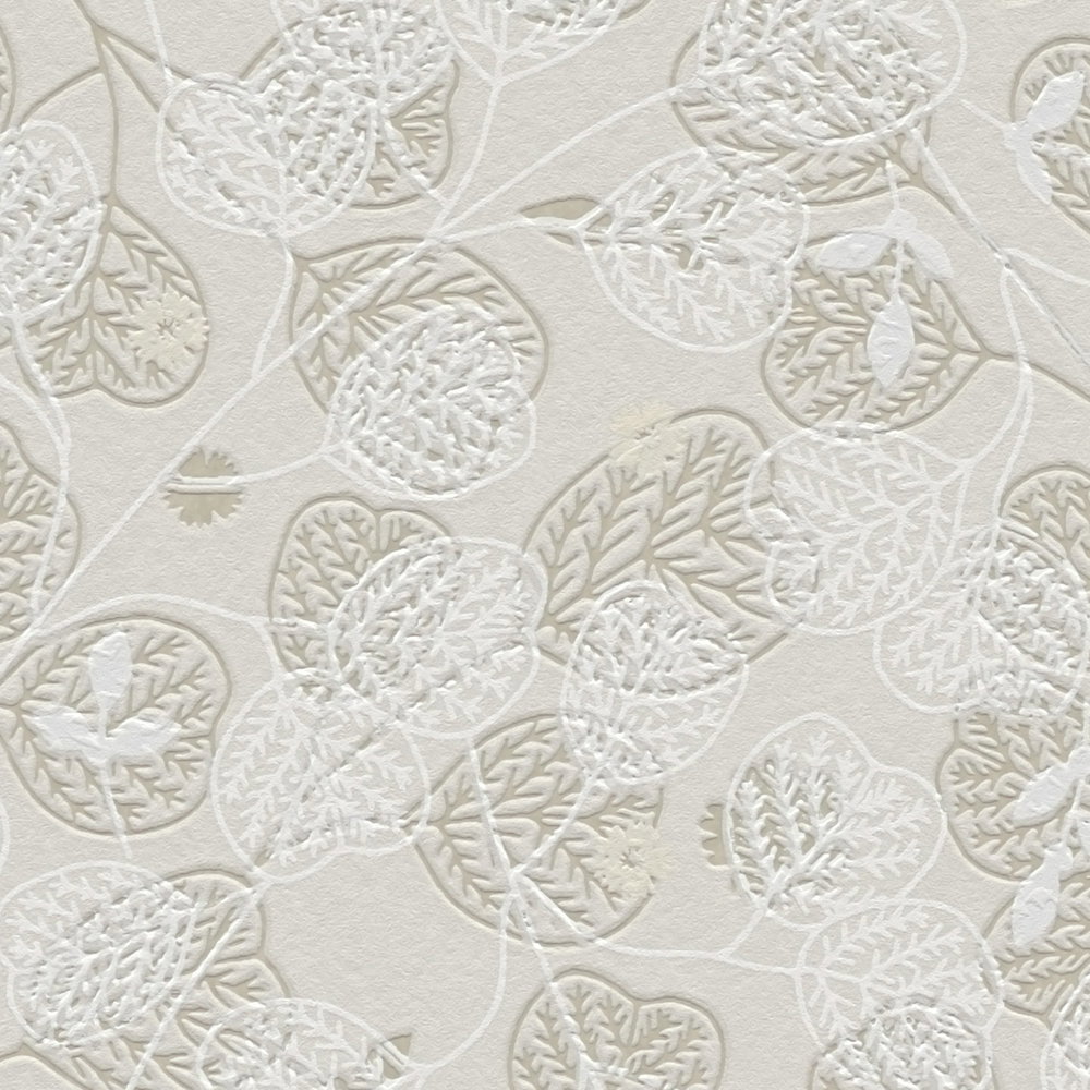 Vliestapete mit floralem Blüten- &amp; Blättermuster – Beige, Weiß