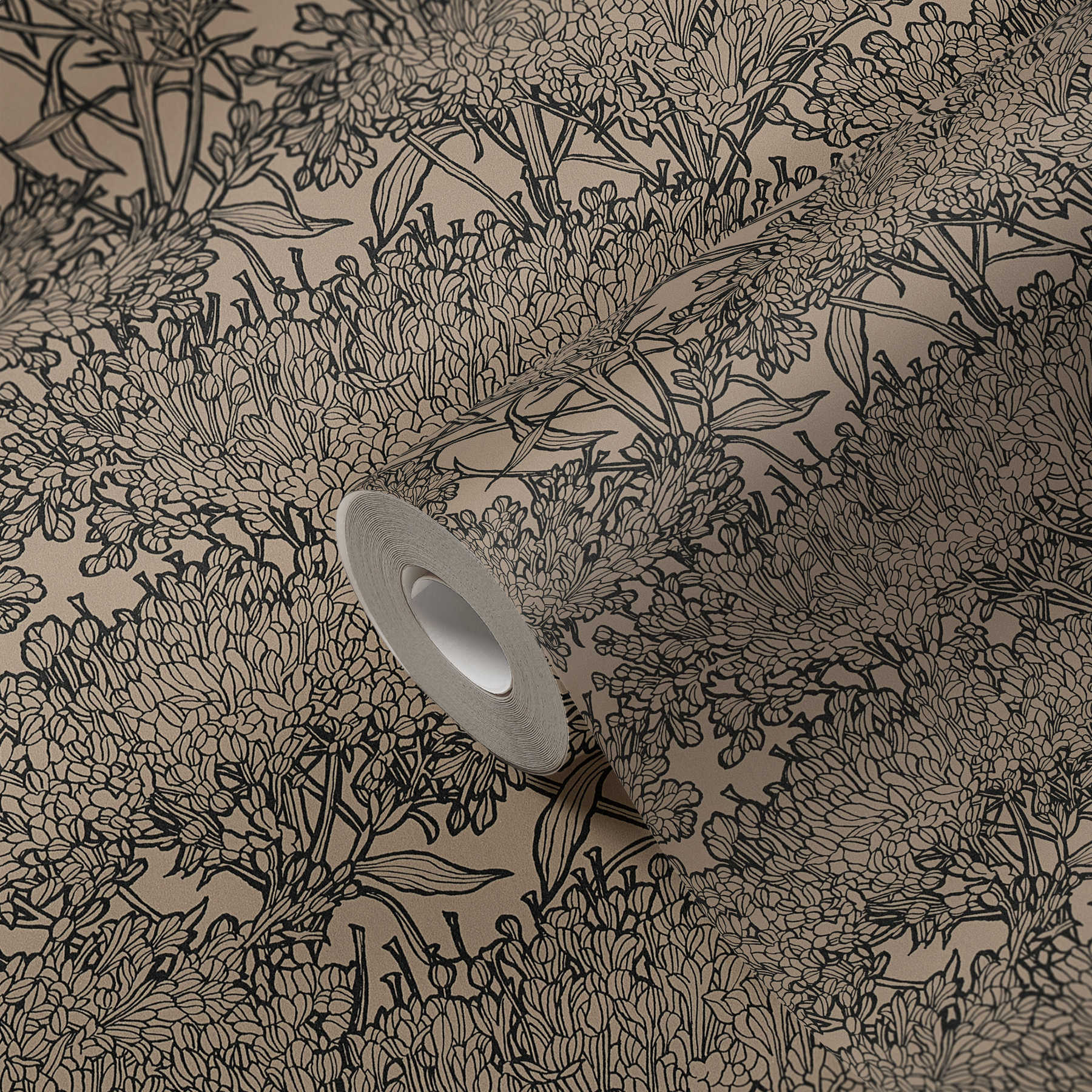             Blumentapete in Beige mit schwarzen Konturen – Braun, Grau, Beige
        