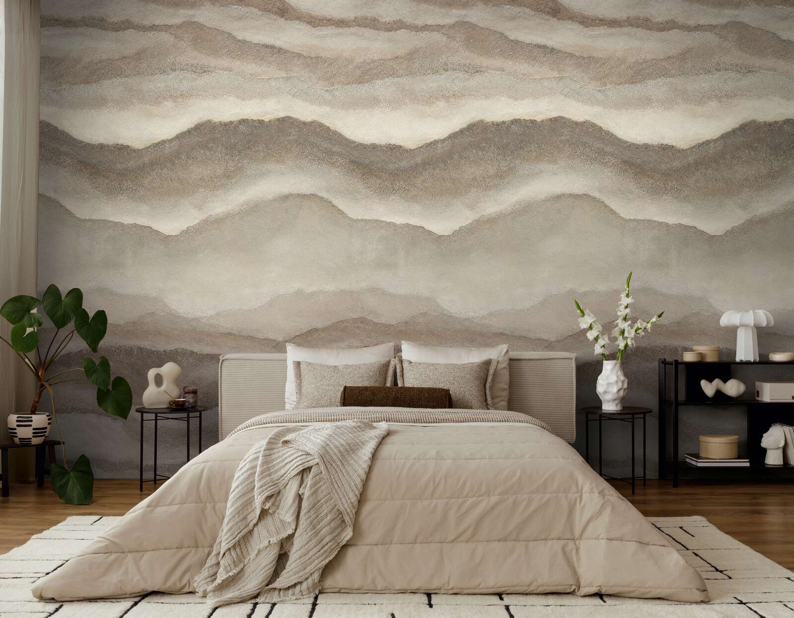 bettdecke, bettzimmer, wandgestaltung, muster-wand, pflanzen