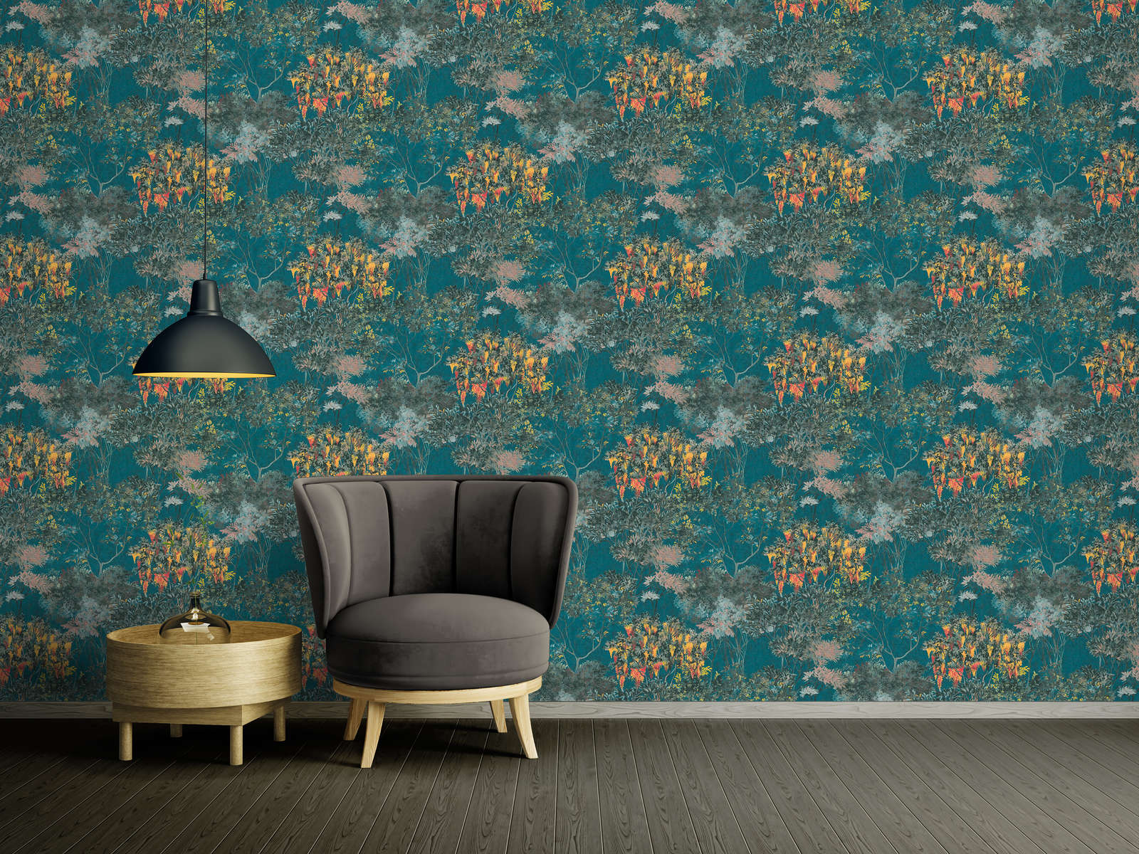             Dschungeltapete mit bunten Muster – Bunt, Petrol, Gelb
        