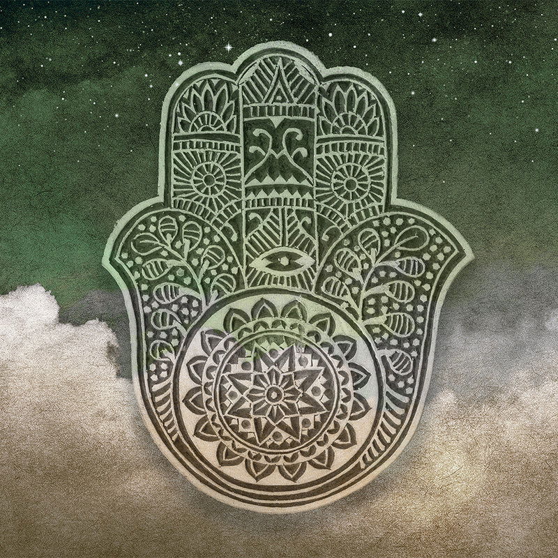             Boho mural Hamsa Hand, Clouds & Moon - Green, Beige, Brown
        