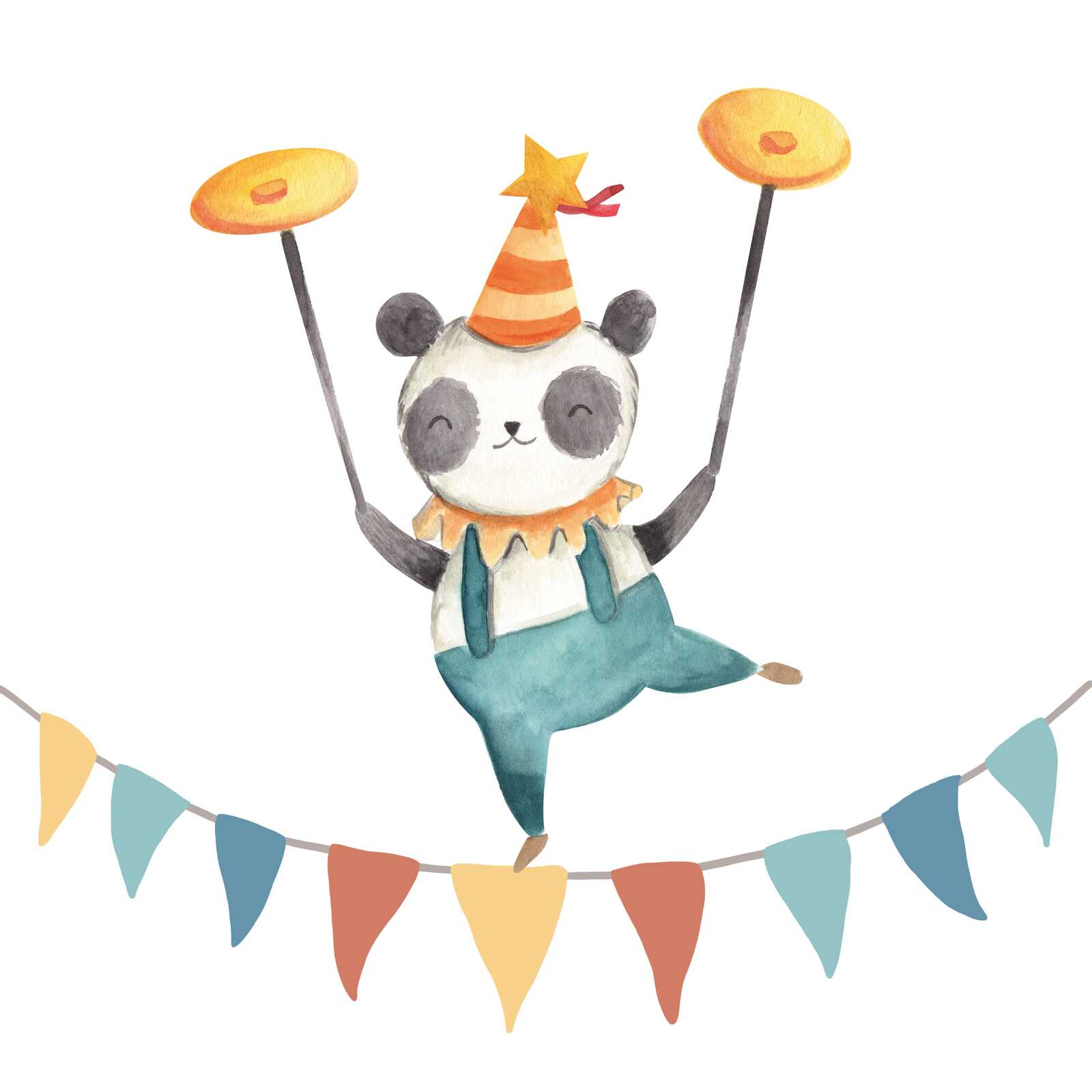             Leinwandbild Balancierender Panda - Lustiges Zirkus-Motiv für Kinderzimmerdekoration – 30 x 30 cm - Bunt, Blau
        