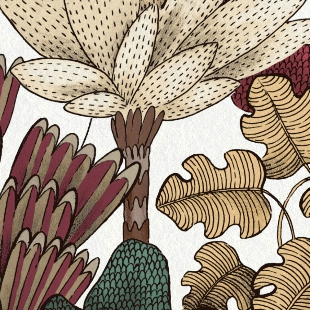             Moderne Tapete floral mit Bäumen im Zeichenstil – Rot, Beige, Braun
        