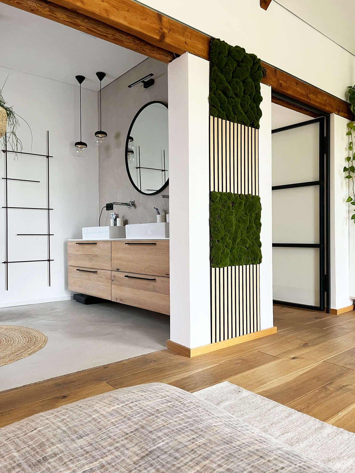 badezimmer, Waschtisch, Spiegel, Holz, Pflanzenwand