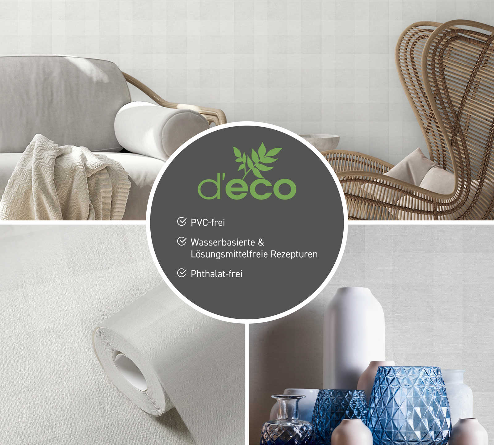             Leinenoptiktapete mit Karomuster PVC-frei – Grau
        